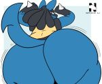 2026 ambiguous_gender arm_spikes artist_logo artist_name big_butt black_arms black_body black_fur blue_body blue_ears blue_fur blue_tail butt butt_focus colored digital_drawing_(artwork) digital_media_(artwork) english_description english_text facial_markings flat_colors foreshortening fur generation_4_pokemon glistening glistening_eyes head_markings hi_res logo looking_at_viewer looking_back looking_back_at_viewer lucario markings mask_(marking) motion_lines nintendo pokemon pokemon_(species) presenting presenting_hindquarters raised_arm red_eyes shaking_butt simple_background smile solo spikes spikes_(anatomy) tail text thick_thighs watermark wide_hips yellow_body yellow_fur zangokunatenshi