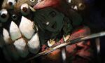  1girl absurdres blonde_hair braid commentary_request dress extra_eyes eyebrows_hidden_by_hair gabu_(yomi_no_tsugai) hair_between_eyes highres hood hood_up long_hair looking_at_viewer monster open_mouth railing red_dress red_eyes red_hood standing teeth twin_braids upper_teeth_only yo_mi_chi000 yomi_no_tsugai 