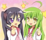  ahoge bad_id bad_pixiv_id black_hair brown_eyes c.c. code_geass cosplay genderswap genderswap_(mtf) green_hair hiiragi_kagami hiiragi_kagami_(cosplay) izumi_konata izumi_konata_(cosplay) long_hair lucky_star luluko maruki_(punchiki) multiple_girls pink_neckwear purple_eyes ryouou_school_uniform school_uniform serafuku 