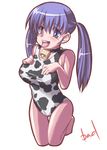  animal_print bad_id bad_pixiv_id badbamboo bell blue_eyes blue_hair cow_bell cow_print kneeling long_hair one-piece_swimsuit original solo swimsuit tongue twintails 