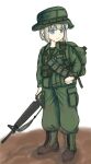  1girl ammunition_pouch assault_rifle backpack bag bandolier belt blue_eyes boonie_hat boots breast_pocket brown_boots cargo_pants closed_mouth collared_jacket combat_boots commentary full_body green_bag green_boots green_hat green_jacket green_pants grey_hair gun gun_sling hat highres holding holding_gun holding_weapon jacket lace-up_boots light_frown load_bearing_equipment long_sleeves m16 m16a1 military military_combat_uniform military_fatigues military_hat military_jacket military_uniform multicolored_boots original pants pants_tucked_in pocket pouch rifle short_hair simple_background soldier solo standing two-tone_boots united_states_army vietnam_war watch weapon white_background wristwatch yarsk 
