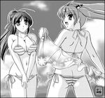  ass bad_id bad_pixiv_id bikini breast_squeeze breasts copyright_request greyscale large_breasts long_hair medium_breasts monochrome multiple_girls ponytail side-tie_bikini string_bikini striped swimsuit towel twintails yuuyami_sabou 