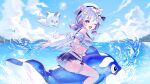  :d ;d absurdres afloat animal_ears armband ayatsuno_yuni beach belt beret bikini blue_sky cat_ears cloud cloudy_sky commentary_request hair_ornament hairpin hat highres inflatable_dolphin inflatable_toy korean_commentary mountain ocean one_eye_closed open_mouth poori purple_eyes purple_hair sailor_bikini sailor_collar short_hair skirt sky smile splashing stellive sun sunlight swimsuit twintails water water_gun white_hat 