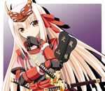  armor fan gauntlets gloves gucchi hair_ribbon horns japanese_armor katana kote long_hair mask orange_eyes ribbon samurai sengoku_hime sheath smile solo sword takeda_shingen_(sengoku_hime) very_long_hair war_fan weapon white_hair 