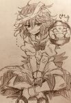  1girl absurdres anklet bandaged_head bandages bandaid bandaid_on_face blush bow bowl bracelet collarbone commentary_request dress efukei hair_between_eyes highres horns indian_style jack-o'-lantern jewelry kijin_seija messy_hair monochrome multicolored_hair one-hour_drawing_challenge puffy_short_sleeves puffy_sleeves sailor_collar sandals short_hair short_sleeves sitting sketch solo streaked_hair sweat touhou traditional_media translation_request 