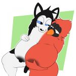 1:1 2_heads 5_fingers anthro avian balls beak big_breasts bird black_hair black_nipples black_nose black_penis breasts canid canine canis cardinal_(bird) conjoined domestic_dog fingers fur genitals grey_eyes gynomorph hair hand_on_breast hi_res huge_breasts husky intersex mammal mismatched_nipples multi_head multicolored_body nipples non-mammal_balls non-mammal_nipples nordic_sled_dog orange_beak oscine overweight overweight_anthro overweight_gynomorph overweight_intersex passerine penis red_balls red_nipples sitting skewedl0gic solo spitz