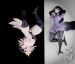 2026 3d_(artwork) anatid anseriform anserine anthro areola armwear avian barbell_piercing big_breasts bird bird's-eye_view black_armwear black_clothing black_elbow_gloves black_fingerless_gloves black_gloves black_hair black_handwear black_legwear black_talons black_thigh_highs breasts clothing crossgender demon digital_media_(artwork) duo elbow_gloves eyelashes feather_hair feathers female fingerless_gloves full-length_portrait genitals glistening glistening_body gloves glowing glowing_eyes hair hand_behind_head hand_on_crotch hands_behind_head handwear hellaverse helluva_boss hi_res high-angle_view impaer_jaster innie_vulva legwear long_hair looking_at_viewer lying married_couple montgomery_glands mtf_crossgender navel nipple_barbell nipple_piercing nipples non-mammal_breasts non-mammal_navel non-mammal_nipples non-mammal_vulva on_back open_mouth open_smile owl piercing pink_areola pink_nipples pink_sclera portrait pseudo_hair purple_areola purple_body purple_nipples red_sclera skindentation smile smiling_at_viewer stella_(helluva_boss) stolas_(helluva_boss) swan tail tail_feathers thick_thighs thigh_highs toeless_thigh_highs translucent_thigh_highs ventral_groove vulva watermark white_body white_feathers wide_hips wife_and_wife