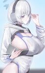  1girl absurdres adjusting_eyewear b:ga blue_archive blue_background book breasts closed_mouth from_side glasses headphones highres holding holding_book hooded_shrug huge_breasts long_sleeves looking_to_the_side one-piece_swimsuit purple_eyes round_eyewear short_hair short_white-haired_odyssey_student_(blue_archive) shrug_(clothing) solo swimsuit wet white_hair white_one-piece_swimsuit white_shrug 