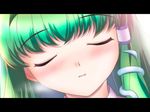  blush close-up closed_eyes commentary_request green_hair incoming_kiss kochiya_sanae solo touhou yamaguchi_yuu 