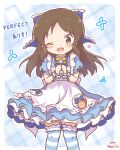  1girl :d ;d alice's_adventures_in_wonderland black_hair blue_bow blue_dress blush bow brown_eyes brown_hair commentary_request dress eat_me feet_out_of_frame frilled_bow frills hair_bow holding holding_microphone idolmaster idolmaster_cinderella_girls idolmaster_cinderella_girls_starlight_stage long_hair microphone mitarashi_neko one_eye_closed open_mouth over-kneehighs plaid_background puffy_short_sleeves puffy_sleeves ribbon-trimmed_thighhighs ribbon_trim short_sleeves smile solo standing striped_clothes striped_thighhighs tachibana_arisu thighhighs very_long_hair wrist_cuffs 