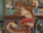 2026 4_ears 4_horns animal_genitalia animal_penis anthro armor balls bar bar_stool beverage big_balls big_penis biped black_body black_fur bodily_fluids bottomwear bottomwear_around_one_leg bottomwear_down brown_body brown_fur charr claws clothing clothing_around_one_leg digital_media_(artwork) digitigrade dripping erection fangs felid finger_claws flat_chested fur furniture genital_fluids genitals greaves guild_wars gynomorph hi_res holding_beverage holding_object horn huge_balls huge_penis inside intersex knot knotted_penis looking_at_viewer mammal multi_ear multi_horn multicolored_body multicolored_fur open_mouth open_smile pants pants_around_one_leg penis precum precum_drip red_penis sitting smile smiling_at_viewer solo sonsasu stool striped_body striped_fur stripes tan_balls tan_body tan_fur teeth toe_claws vambrace