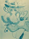  1girl blush bow closed_mouth commentary_request disembodied_linked_eye efukei frilled_sleeves frills full_body hair_between_eyes hat hat_bow heart heart_of_string highres komeiji_koishi long_sleeves looking_at_viewer monochrome one-hour_drawing_challenge short_hair skirt sleeves_past_fingers sleeves_past_wrists smile solo touhou traditional_media 