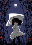  bamboo bamboo_forest bandaid flag forest glowing glowing_eyes ichihaya inaba_tewi monochrome moon nature night pantyhose purple_background red_eyes solo spot_color touhou wind 