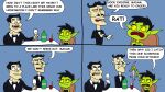 2025 4_panel_comic alcohol beverage black_clothing black_dress black_hair blue_background bow_tie champagne clothing comic corpse dress ear_piercing english_text female furniture green_body green_skin group hair hi_res humanoid_pointy_ears interspecies jewelry male male/female mammal married_couple murid murine necklace piercing pointy_ears rat restaurant reviewspossum rodent short_hair simple_background speech_bubble suit table text trio waiter yellow_sclera