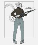 anon anthro boots bottomwear clothing denim denim_bottomwear denim_clothing dialogue ears_up eyebrows felid feline female footwear gun hi_res jeans long_tail mammal mawkvlt open_mouth pants ranged_weapon rifle shoes solo sweater tail teeth teeth_showing text tongue topwear weapon