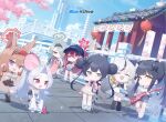 6+girls alternate_costume animal_ears baseball_cap blue_archive blue_sky boots chibi closed_eyes cropped day denim denim_shorts denim_skirt dutch_angle electric_guitar english_text extra_ears fox_ears fox_girl guitar halo hat highres holding holding_guitar holding_instrument holding_maracas holding_microphone_stand holding_tambourine instrument jirai_kei juliet_sleeves kisaki_(blue_archive) knee_boots kokona_(blue_archive) long_hair long_sleeves looking_at_viewer maracas microphone microphone_stand midriff mina_(blue_archive) mouse_(animal) mouse_ears mouse_girl mouse_tail multiple_girls nezusuke_(blue_archive) official_art outdoors petals puffy_sleeves reijo_(blue_archive) rumi_(blue_archive) saya_(blue_archive) shoes short_sleeves shorts shun_(blue_archive) siblings sisters skirt sky sneakers tail tank_top third-party_edit tiger_ears tiger_girl 
