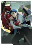  1boy 1girl armband baseball_cap black_hair black_pants blue_shirt closed_mouth commentary dress facial_hair feet_out_of_frame frilled_hairband frills full_moon hair_ornament hair_ribbon hairband hand_on_hilt hat highres hug hug_from_behind iori_junpei lolita_fashion long_hair long_sleeves moon night pants parted_lips persona persona_3 persona_3_reload red_armband red_hair redfountainpen ribbon shirt short_hair sidelocks smile stubble sword twitter_username weapon white_dress white_ribbon wing_collar yoshino_chidori 