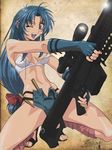  absurdres artist_request bandeau barrett blue_hair bow breasts brown_eyes bullet chidori_kaname cleavage crop_top full_metal_panic! gloria_(daphne_in_the_brilliant_blue) gun hair_bow headshop highres hikari_to_mizu_no_daphne long_hair low-tied_long_hair medium_breasts midriff one_eye_closed open_mouth ponytail rifle sandals scope shorts smile sniper_rifle solo squatting strapless third-party_edit tubetop weapon 