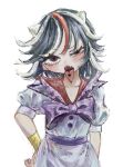  1girl arm_at_side black_hair blush bow bowtie commentary_request cowboy_shot dress half-closed_eye hand_on_own_hip highres kijin_seija looking_ahead looking_at_viewer medium_hair multicolored_hair omaega_chan open_mouth purple_bow purple_bowtie purple_sash red_eyes red_streaks sash simple_background small_horns solo straight-on streaked_hair tattoo tongue tongue_out tongue_tattoo touhou waist_sash white_background white_dress white_streaks 