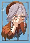  1girl adjusting_eyewear alternate_costume bespectacled blue_background blue_eyes border bow braid brown-framed_eyewear brown_border brown_ribbon collared_shirt commentary_request glasses green_bow grey_hair hair_bow imkooooww inset_border izayoi_sakuya long_hair long_sleeves neck_ribbon plaid_clothes plaid_shirt portrait ribbon shirt single_thighhigh solo thighhighs touhou twin_braids 