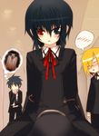  akatsuki_makoto androgynous bad_id bad_pixiv_id black_hair blonde_hair blush bow bowtie formal glasses heterochromia multiple_boys np_(edage_no_hazama) original spoken_blush suit 