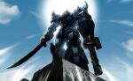  building cable cloud cloudy_sky commentary_request damaged dtcy gatling_gun gouf gouf_custom gundam gundam_08th_ms_team lens_flare light_rays mecha one-eyed_mecha radio_antenna reveal robot scene_reference shield shoulder_spikes sky spikes sun sunbeam sunlight sword weapon zeon 