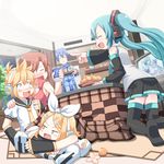  3girls aqua_hair bad_id bad_pixiv_id drunk eating everyone fang food fruit hatsune_miku highres kagamine_len kagamine_rin kaito kneeling kotatsu laughing mandarin_orange masuneko meiko multiple_boys multiple_girls open_mouth pointing sitting table television twintails vocaloid 