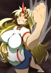  barefoot blonde_hair breasts buruma horn hoshiguma_yuugi huge_breasts solo toudori touhou 