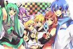  3girls bad_id bad_pixiv_id blonde_hair blue_eyes blue_hair green_hair hatsune_miku kagamine_len kagamine_rin kaito kamui_gakupo meiko multiple_boys multiple_girls purple_hair v vocaloid yuzuki_karu 