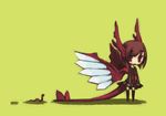  brown_hair chibi copyright_request dragon_girl horns monster_girl nakayokosotosoto red_eyes school_uniform short_hair solo wings worms 