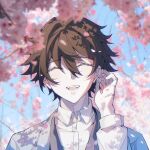  1boy aqua_kimono brown_hair cherry_blossoms closed_eyes commentary facing_viewer hair_intakes hand_up highres japanese_clothes kimetsu_no_yaiba kimono long_sleeves male_focus odelle568197 open_mouth outdoors puffy_long_sleeves puffy_sleeves scar scar_on_hand shirt short_hair smile solo spiked_hair teeth tomioka_giyuu untranslatable_commentary upper_body white_shirt 