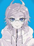  1boy alternate_costume alternate_hairstyle aotsuki_eito blue_background blue_eyes commentary_request diamond-shaped_pupils diamond_(shape) drawstring english_commentary eyelashes glasses grey_hair highres hood hooded_jacket jacket jacket_over_jacket looking_at_viewer male_focus mixed-language_commentary rimless_eyewear short_hair simple_background smile solo straight-on symbol-shaped_pupils the_hundred_line_-last_defense_academy- vi_sick white_jacket 