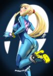  1girl ankle_boots artist_name ass blonde_hair blue_eyes bodysuit boots breasts commentary english_commentary from_behind high_heel_boots high_heels large_breasts lips long_hair metroid mole mole_under_mouth neon_trim nose photoshop_(medium) polarityplus ponytail revision samus_aran scrunchie shoe_soles sidelocks solo super_smash_bros. zero_suit 