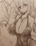  1boy 1girl blush bracelet breasts commentary_request cowboy_shot dress efukei greyscale hand_on_another's_arm highres holding_hands jacket jewelry large_breasts long_hair looking_at_viewer maribel_hearn monochrome necklace open_mouth solo_focus suit suit_jacket touhou traditional_media 