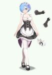  1girl absurdres apron black_corset black_ribbon black_shoes black_skirt black_sleeves blue_eyes breasts cleavage collarbone commentary_request corset detached_collar detached_sleeves frilled_skirt frills full_body gibun_(sozoshu) hair_over_one_eye highres large_variant_set maid maid_apron mary_janes medium_breasts re:zero_kara_hajimeru_isekai_seikatsu rem_(re:zero) ribbon roswaal_mansion_maid_uniform shadow shoes skirt solo standing thighhighs unworn_sleeves variant_set waist_apron white_thighhighs 