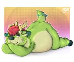 2026 6:5 absurd_res accessory anthro antlers belly big_belly canid canine deer digital_drawing_(artwork) digital_media_(artwork) dipstick_ears dotted_background ear_markings eliaslynxie english_description flower flower_in_hair fur green_body green_fur hair hair_accessory hi_res horn hybrid looking_at_viewer lying male mammal markings multicolored_ears on_front overweight overweight_anthro overweight_male pattern_background plant red_hair resting_on_arms resting_on_belly russelbuck_(character) short_tail silly_bandz simple_background solo tail
