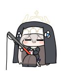  1girl :3 =_= blue_archive blush fishing fishing_line fishing_rod grey_hair hair_between_eyes halo hideinroom highres holding holding_fishing_rod long_hair nun nun_headdress sakurako_(blue_archive) simple_background smile solo white_background yellow_halo 