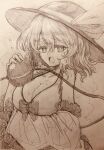  1girl alternate_costume breasts cleavage closed_mouth commentary_request detached_sleeves disembodied_linked_eye dress efukei eyeball hair_between_eyes hat hat_ribbon hot komeiji_koishi large_breasts long_hair looking_at_viewer open_mouth ribbon sleeveless sleeveless_dress smile solo steaming_body sweat touhou traditional_media translation_request 