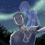  1girl bad_id bad_pixiv_id carrying closed_eyes earrings futomaki ghost jewelry kuina lowres night one_piece roronoa_zoro sitting_on_shoulder sky smile 