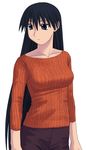  azuma_kiyohiko azumanga_daiou black_hair blue_eyes fine_fabric_emphasis long_hair lowres non-web_source official_art orange_shirt sakaki shirt solo sweater very_long_hair 