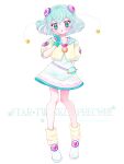  1girl ankle_boots antennae aqua_eyes aqua_hair boots commentary_request copyright_name cropped_jacket dress fingerless_gloves full_body gloves hagoromo_lala leg_warmers looking_at_viewer medium_hair nene_(oneoneo13) precure simple_background single_fingerless_glove single_glove solo star_twinkle_precure white_background white_dress 