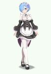  1girl absurdres apron black_corset black_ribbon black_shoes black_skirt black_sleeves blue_eyes breasts cleavage commentary_request corset detached_collar detached_sleeves frilled_skirt frills full_body gibun_(sozoshu) hair_over_one_eye highres large_variant_set maid maid_apron mary_janes medium_breasts neck_ribbon re:zero_kara_hajimeru_isekai_seikatsu rem_(re:zero) ribbon roswaal_mansion_maid_uniform shadow shoes skirt solo standing thighhighs variant_set waist_apron white_thighhighs 