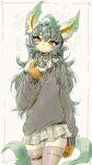 2026 9:16 anthro blush blush_lines bottomwear brown_eyes claws clothing collar ear_piercing eeveelution eyelashes female flat_chested fur generation_4_pokemon green_hair hair hi_res leafeon legwear maimoonrabbit nintendo pawpads piercing pokemon pokemon_(species) ring signature simple_background skirt solo spiked_collar spikes tail tan_body tan_fur