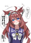  1girl absurdres ahoge ahoge_wag animal_ears blue_eyes blush bow brown_hair commentary_request expressive_hair hair_between_eyes hairband highres horse_ears horse_girl metal_hairband mihono_bourbon_(umamusume) parted_lips purple_sailor_collar purple_shirt sailor_collar shikimiya_life shirt solo translation_request umamusume white_background white_bow 