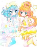  2girls aqua_eyes aqua_hair back_bow bow bubble_skirt colored_eyelashes commentary_request cowboy_shot cure_milky cure_papaya dress green_eyes hagoromo_lala hair_ornament ichinose_minori in-franchise_crossover inset_border long_hair looking_at_viewer low_ponytail magical_girl medium_hair multiple_girls nene_(oneoneo13) orange_hair outside_border pointy_ears ponytail precure puffy_shorts see-through_clothes see-through_sleeves shooting_star_hair_ornament shorts simple_background skirt smile star_(symbol) star_hair_ornament star_twinkle_precure tropical-rouge!_precure white_background wrist_cuffs yellow_dress 