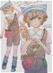  1boy absurdres adjusting_eyewear alternate_costume animal_hat arm_up bag basil_(faraway)_(omori) basil_(omori) blonde_hair blue_eyes blue_hat brown_overalls cat_hat chibi collared_shirt commentary_request double-parted_bangs hair_between_eyes hat highres kanaraki leg_warmers looking_at_viewer omori one_eye_closed open_mouth overall_shorts overalls red_bag shirt shoes short_hair short_sleeves sidelocks sneakers solo sweatdrop teeth translation_request two-tone_hat upper_teeth_only white_hat white_leg_warmers white_shirt white_shoes 
