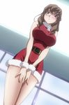  belt between_legs blush breasts brown_hair christmas dress from_below hand_between_legs highres huge_breasts kujou_miu kurogane_no_linebarrel legs santa_costume screencap short_dress solo stitched thighs third-party_edit wrist_cuffs 