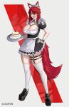  1girl aisurin1st alternate_costume alternate_hair_length_(shorter) animal_ear_fluff animal_ears apron black_dress black_shoes breasts cleavage commentary dress english_commentary fishnet_gloves fishnets gloves hand_on_own_hip highres large_breasts looking_at_viewer maid maid_apron maid_headdress mary_janes o-ring o-ring_thigh_strap open_mouth red_hair shoes smile solo tail thigh_strap thighhighs virtual_youtuber vshojo white_apron white_background white_thighhighs wolf_ears wolf_girl wolf_tail yellow_eyes zentreya zettai_ryouiki zoom_layer 