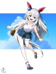  1girl alternate_costume animal_ears bag blue_eyes blue_shorts blue_sky brown_bag clenched_hands cloud commentary_request fang full_body grey_hair grey_tail hairband handbag highres horse_ears horse_girl horse_tail kousaka_saki_(artist) long_hair looking_at_viewer open_mouth sandals see-through_clothes see-through_sleeves shirt shorts sky smile solo tail tamamo_cross_(umamusume) umamusume v-shaped_eyebrows watermark white_background white_shirt 