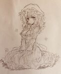  1girl absurdres back_bow blush bow breasts buttons collared_dress commentary_request dress efukei from_side full_body hands_on_own_legs hat highres kneeling large_breasts long_hair looking_at_viewer maribel_hearn mob_cap solo touhou traditional_media 